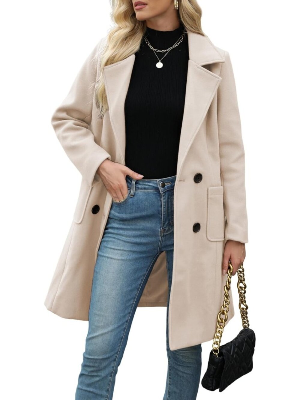 Women's Beige Chic Wool Blend Mid-Long Notch Double-Breasted Trench Pea Coat